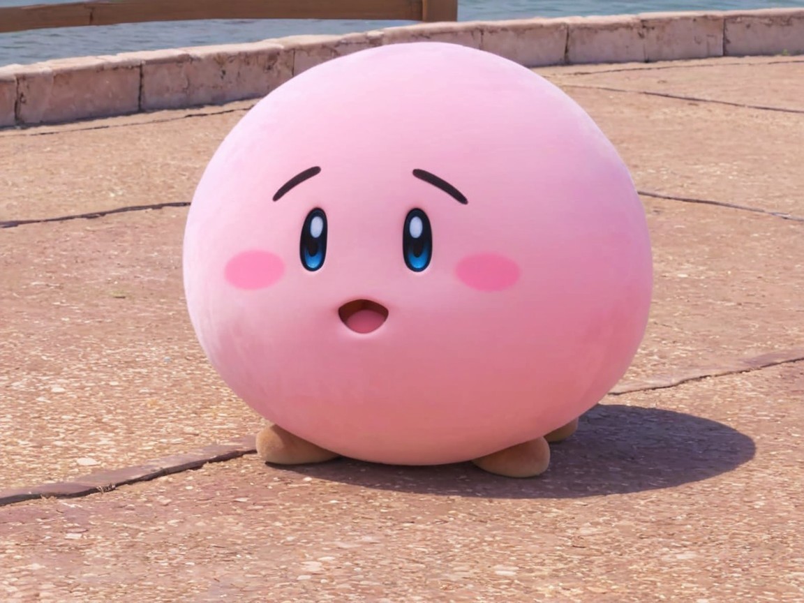 Pink Plush Toy with Worried Expression on Concrete