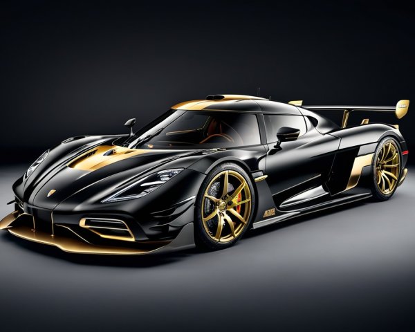 Black Supercar with Gold Accents on Dark Backdrop