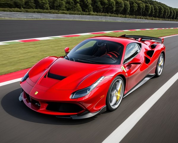 Red Ferrari 488 Pista on Race Track with Green Trees