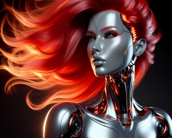 Detailed Cyberpunk Female Android with Red-Orange Hair