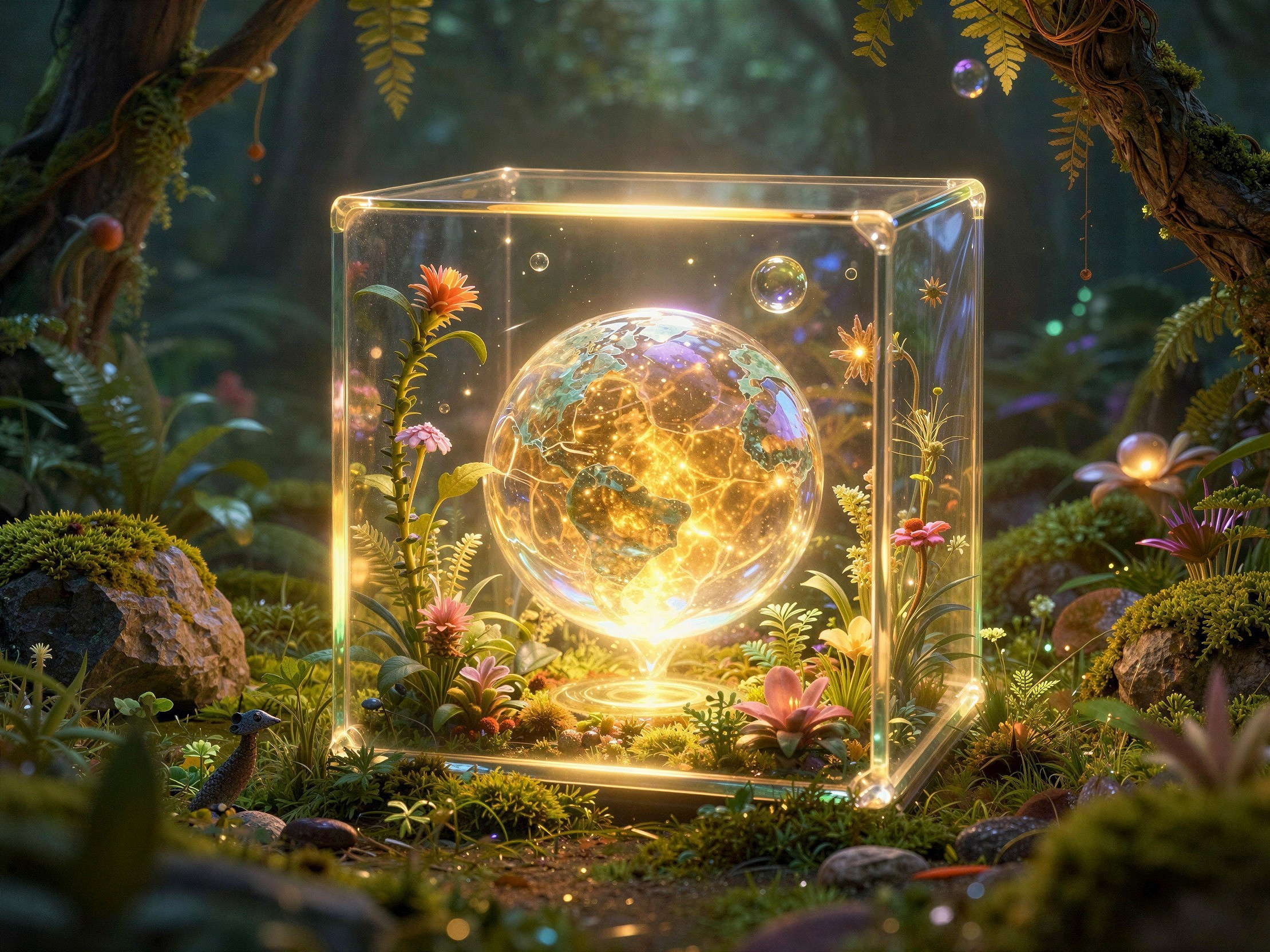 Glowing Glass Cube in a Magical Forest Setting
