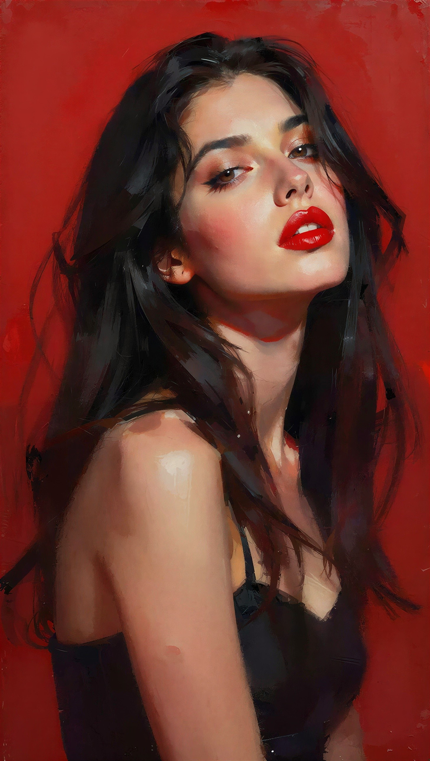 Close-up Portrait of a Woman with Dark Hair and Red Background