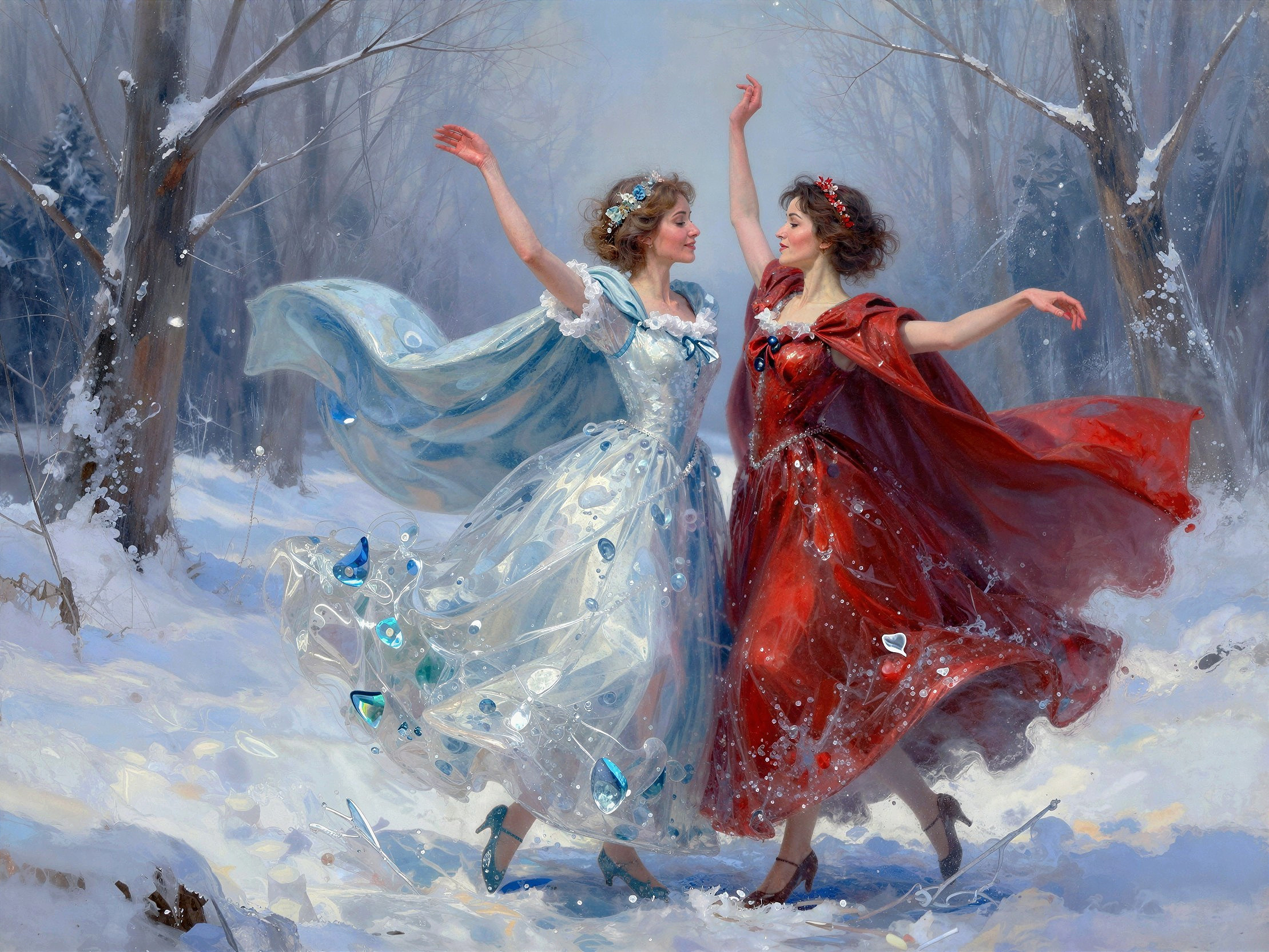 Two women dancing in a snowy forest oil painting