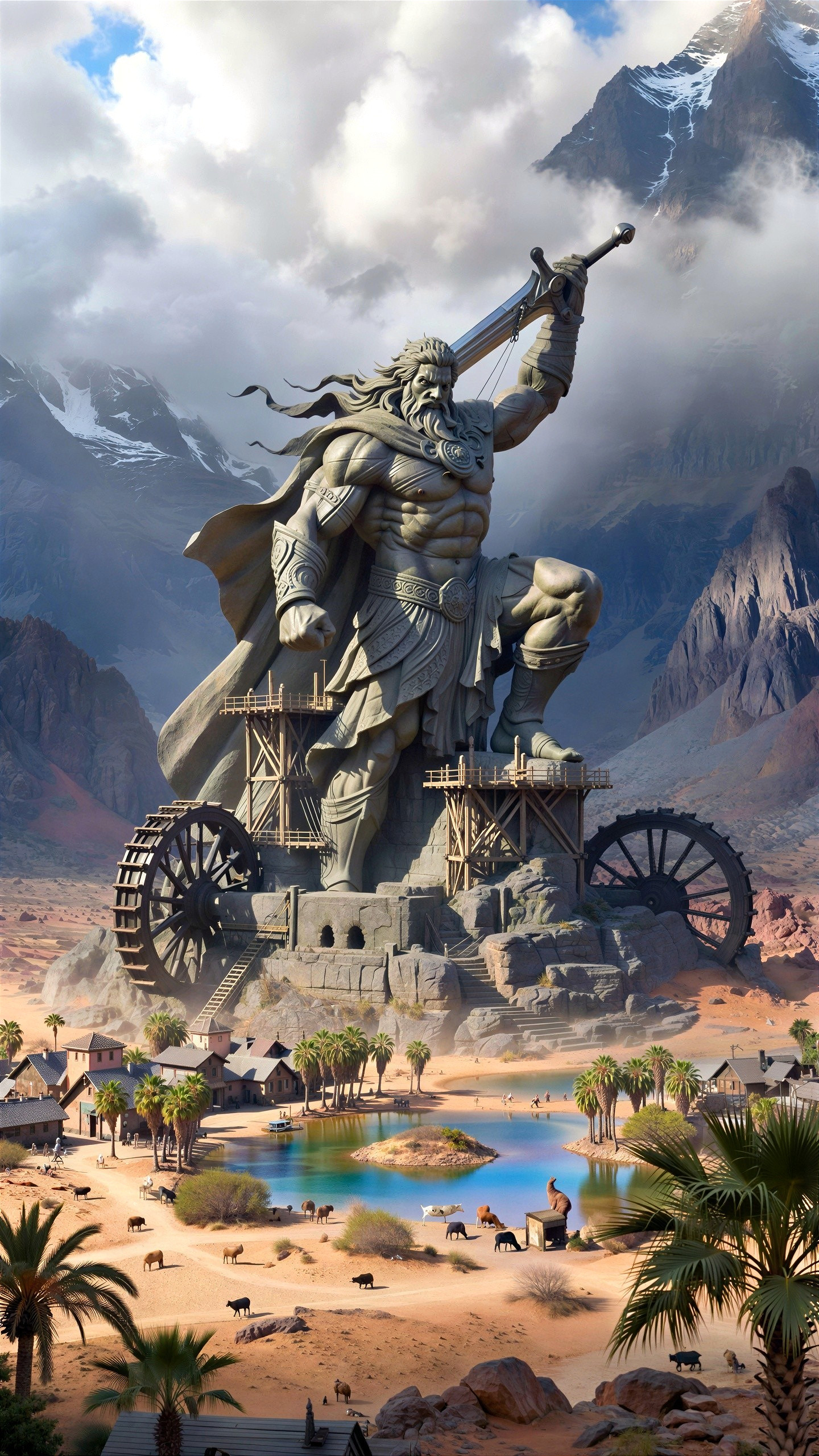 Ancient Ruins with Colossal Warrior Statue in Fantasy Setting