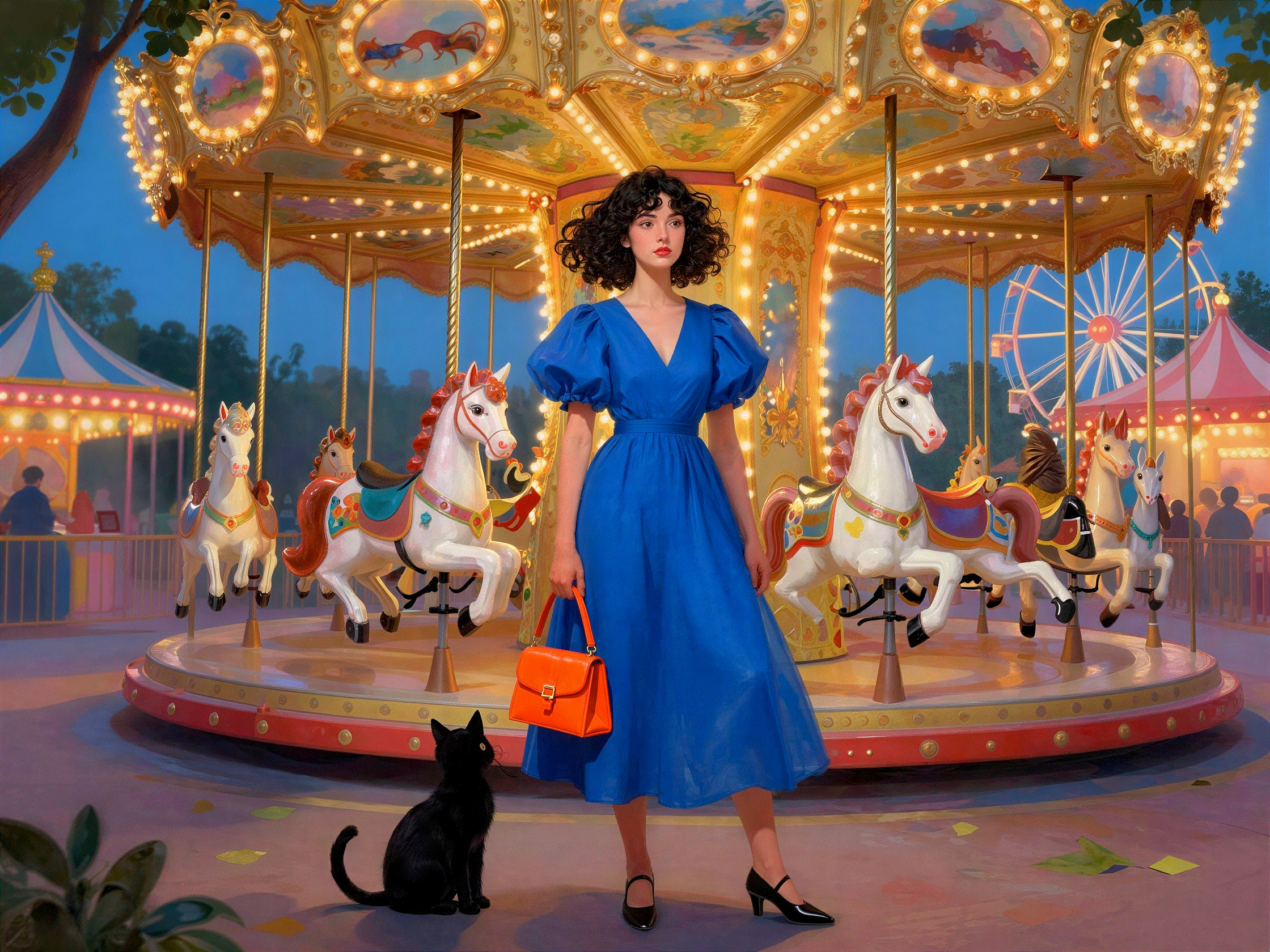 Curly-Haired Woman in Blue Dress at Fair with Cat