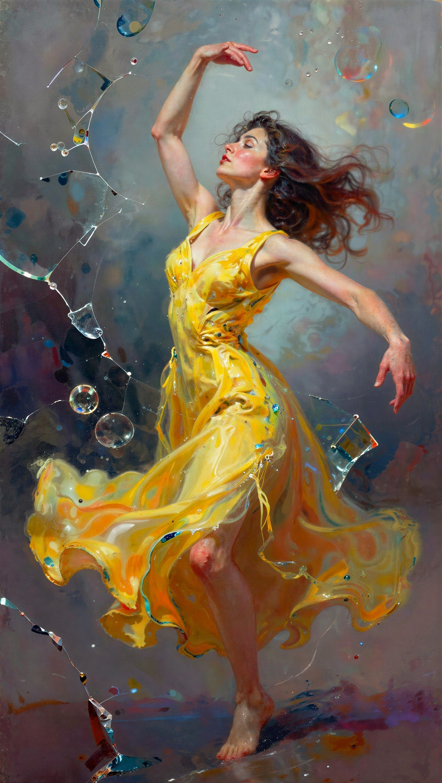 Oil Painting of a Woman Dancing in Yellow Dress