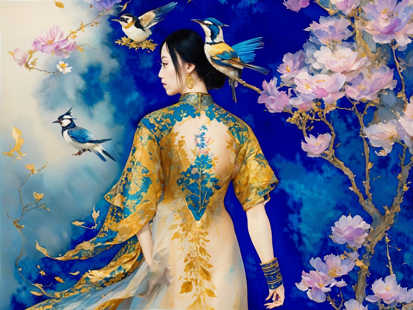 Asian Woman in Floral Forest with Birds and Silk Dress