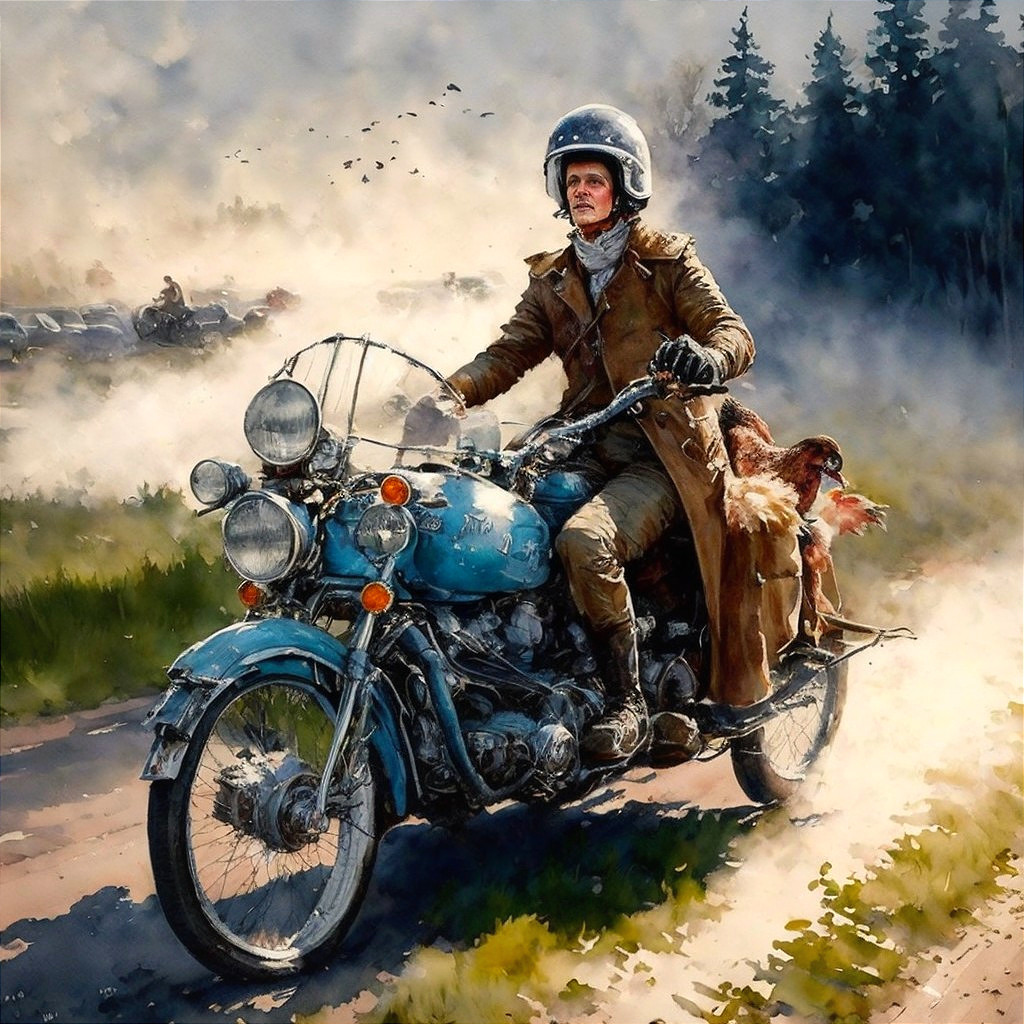 Watercolor Painting of a Man on a Vintage Motorcycle