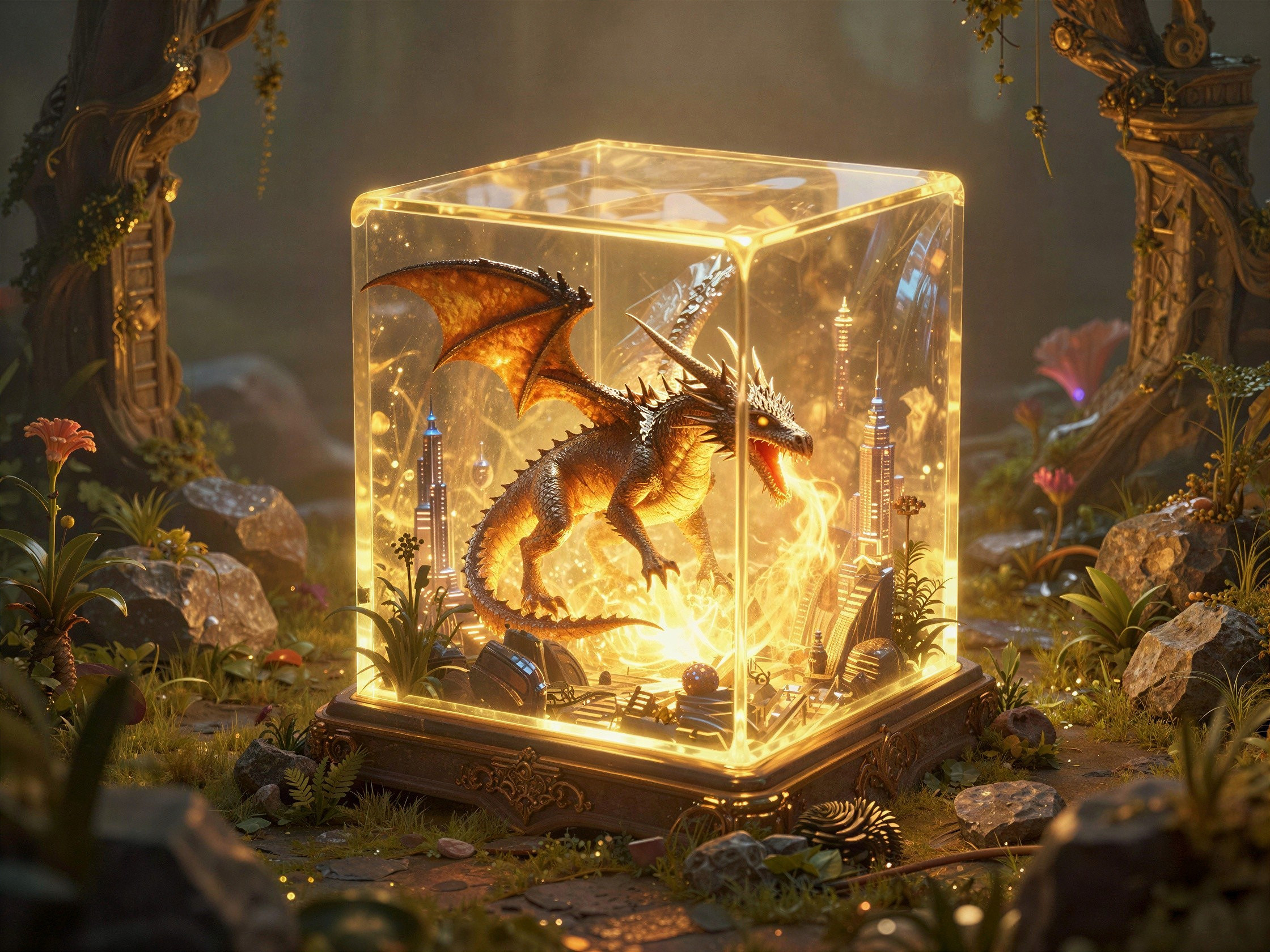Majestic dragon statue in glowing glass box with scenery