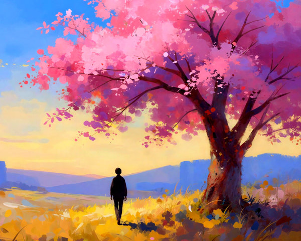 Vibrant Oil Painting of Cherry Blossom Tree and Landscape
