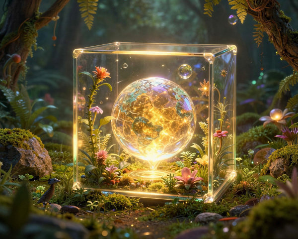 Glowing Glass Cube in a Magical Forest Setting