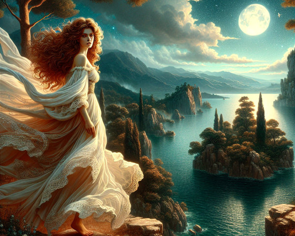 Woman in White Dress on Cliff Under Full Moon
