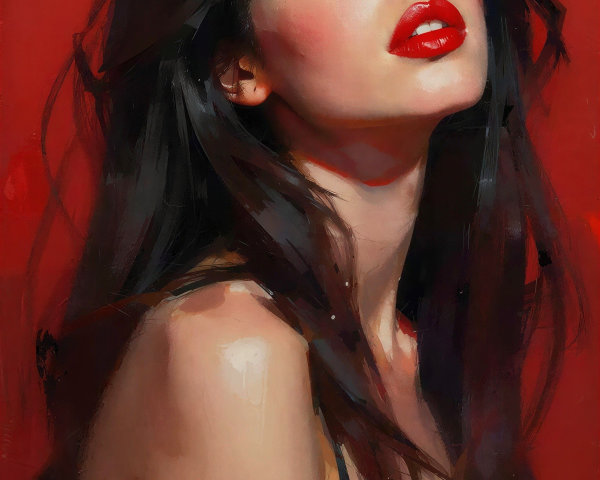 Close-up Portrait of a Woman with Dark Hair and Red Background