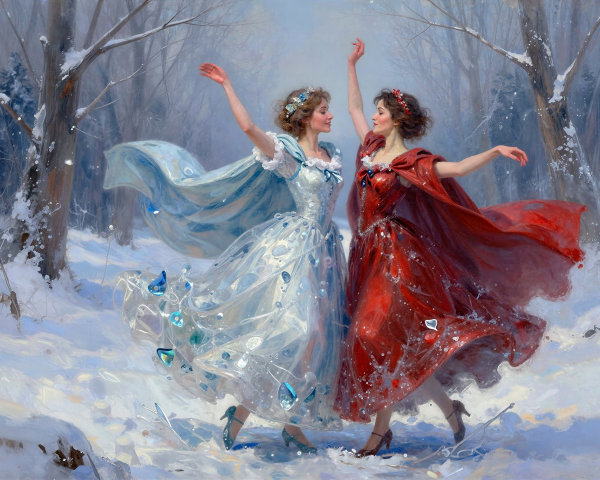 Two women dancing in a snowy forest oil painting