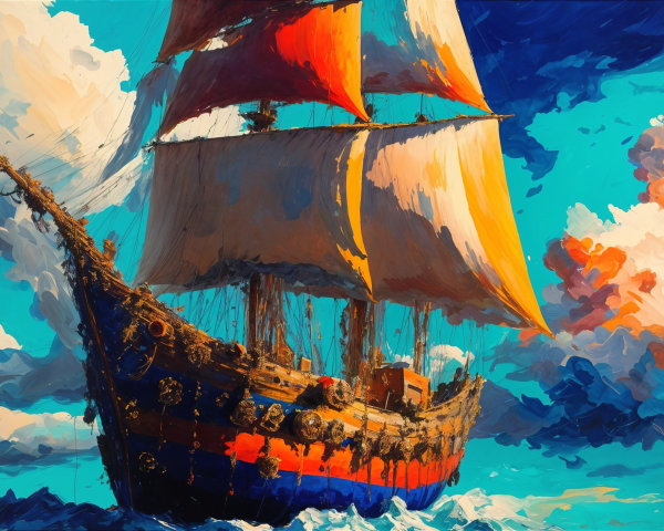 Vibrant Abstract Painting of a Pirate Ship at Sea