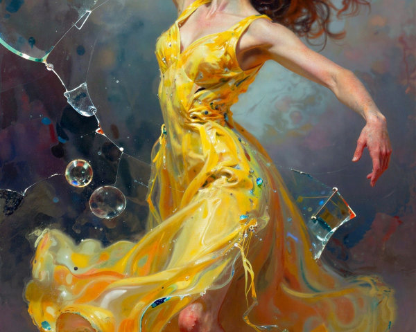 Oil Painting of a Woman Dancing in Yellow Dress