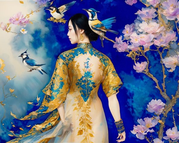 Asian Woman in Floral Forest with Birds and Silk Dress