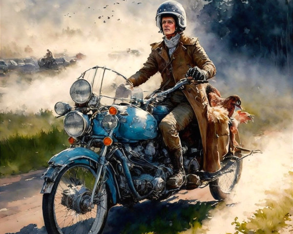 Watercolor Painting of a Man on a Vintage Motorcycle