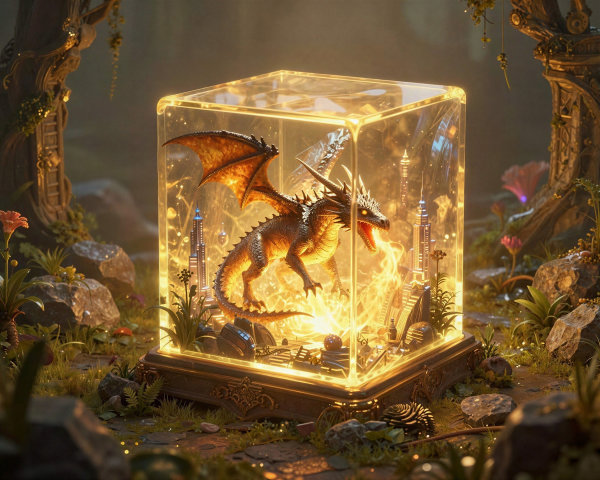 Majestic dragon statue in glowing glass box with scenery