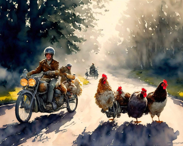 Watercolor Scene of Chickens and Motorcyclists on Road