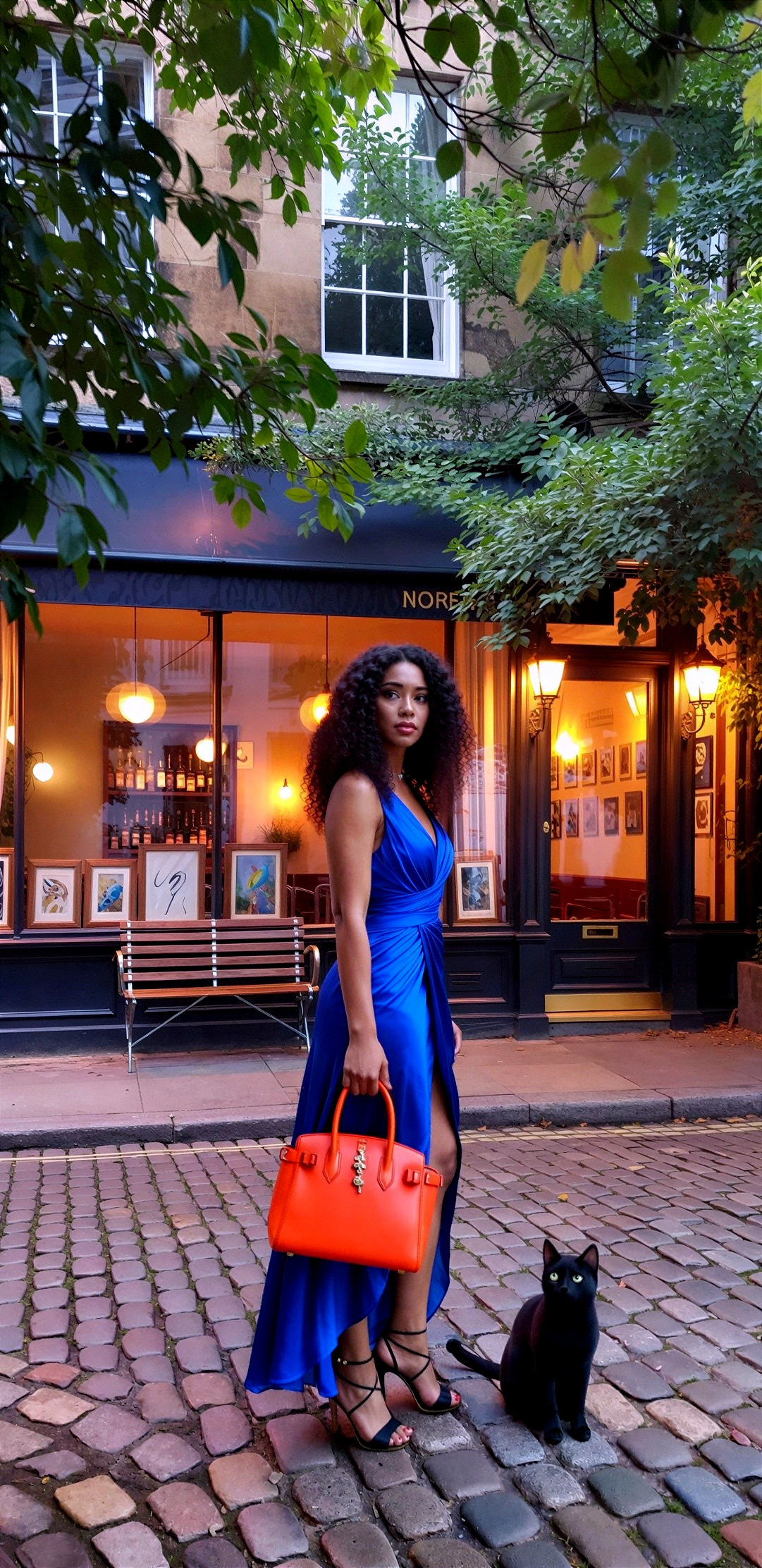 Woman in Royal Blue Dress on Cobblestone Street Scene