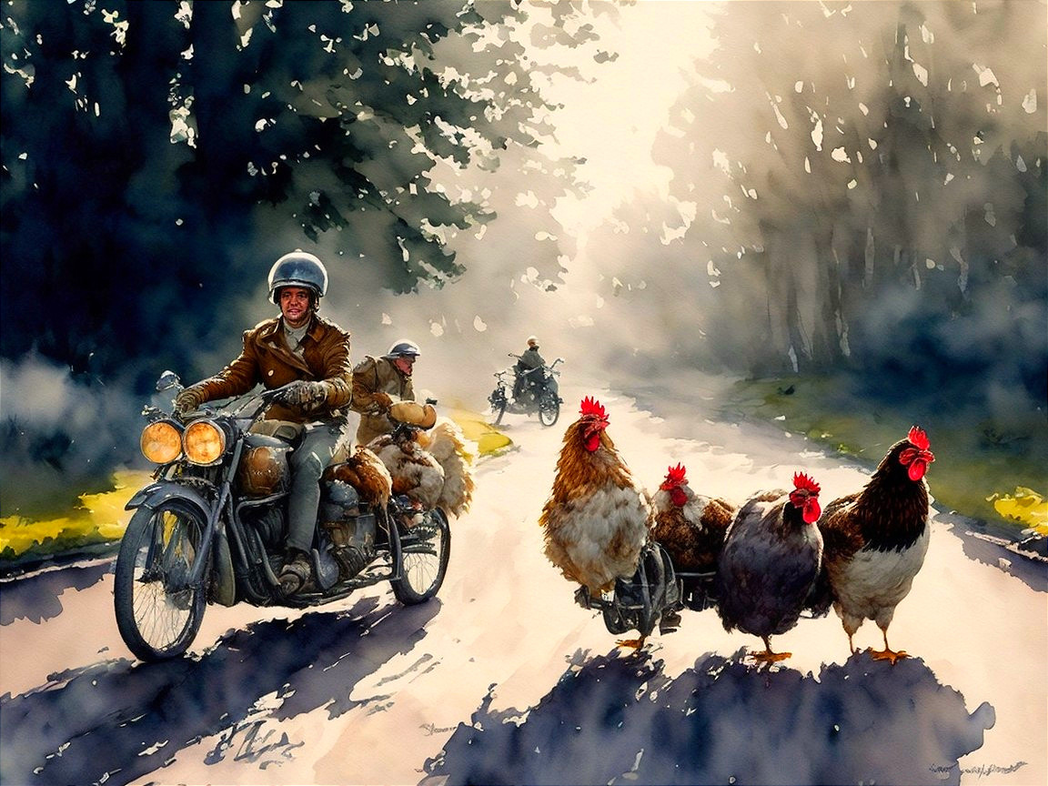 Watercolor Scene of Chickens and Motorcyclists on Road