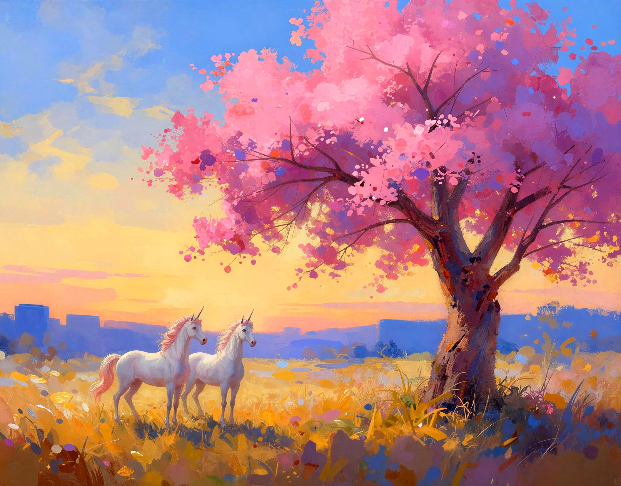 Unicorns in a Field Under Cherry Blossom Tree