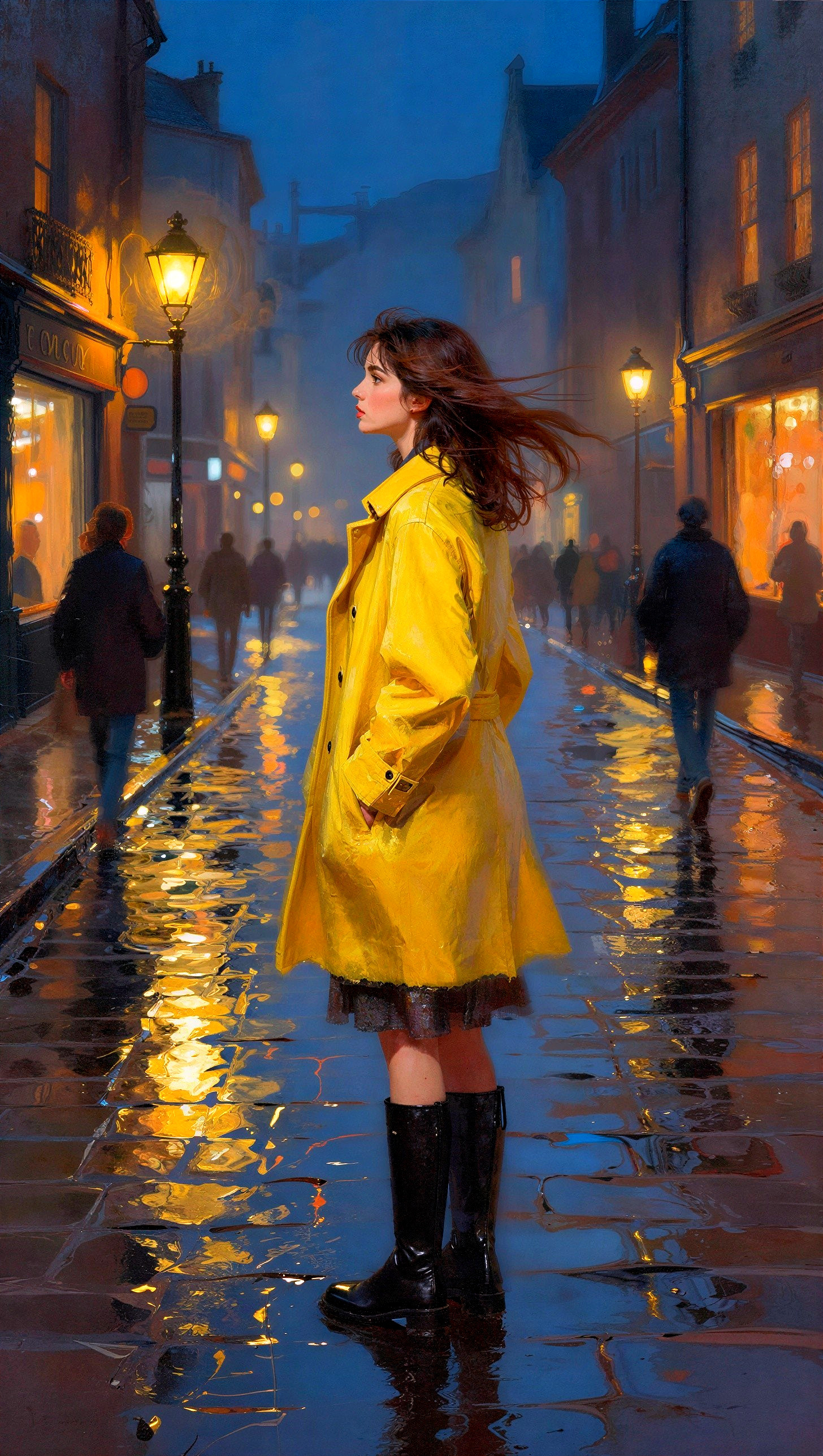 Thoughtful Young Woman in Yellow Raincoat on Cobblestones