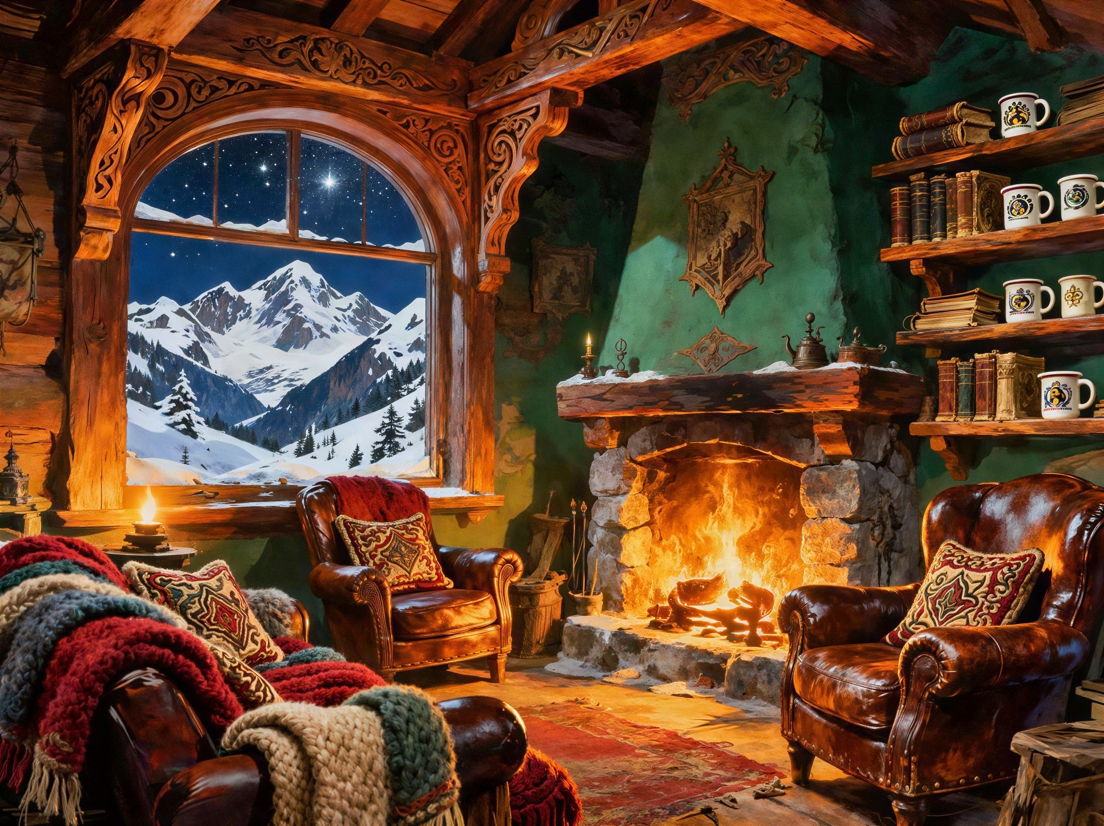 Cozy Room with Arched Window and Snowy Mountain View