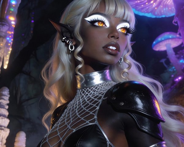 Portrait of a dark-skinned blonde elf in a cave