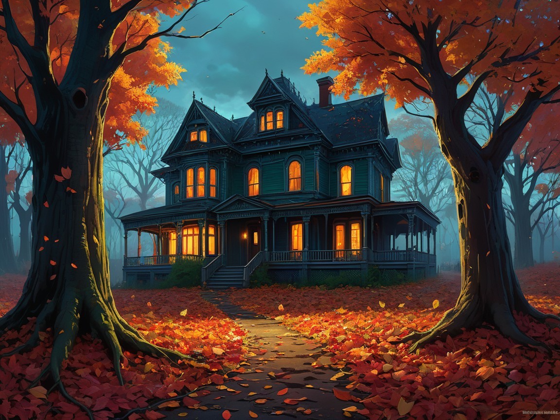 Victorian-style house in autumn landscape at twilight