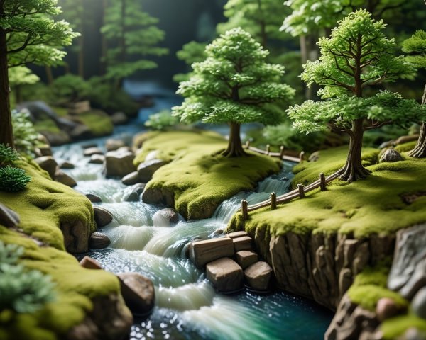 Miniature Landscape with River and Lush Valley Elements