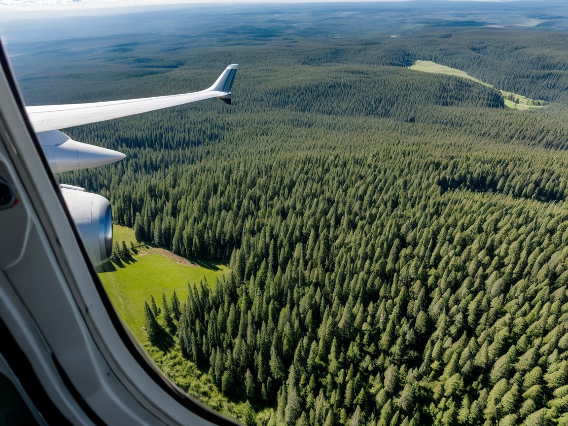 Aerial View of Evergreen Pine Forest from Airplane Window