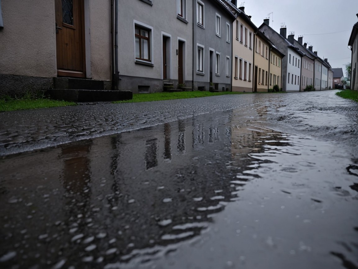 Street Scene with Puddle Reflecting Row Houses