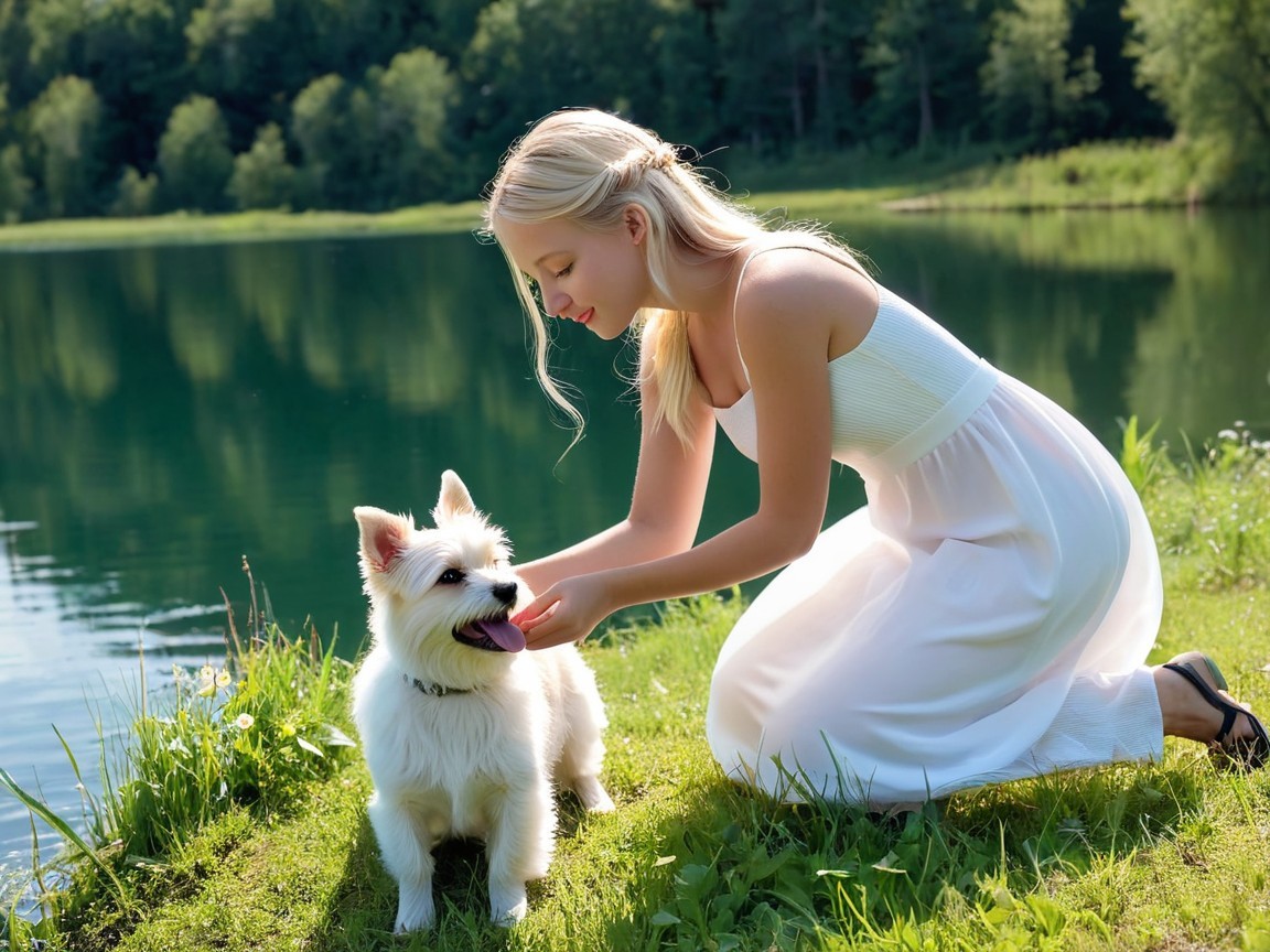 Young Woman with Terrier by Tranquil Lake Scene