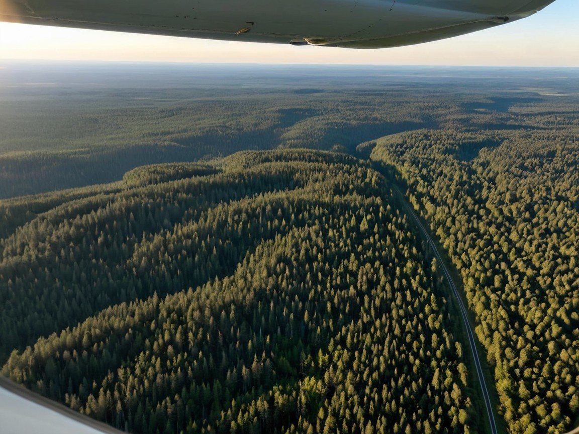 Aerial View of Sunrise Over Green Forest Landscape
