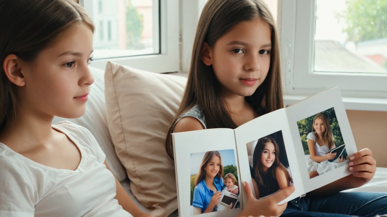 Young girls with photo album near window indoors