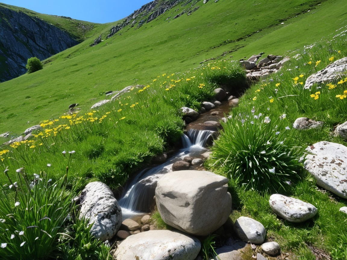 Clear Stream Flowing Through a Lush Green Valley