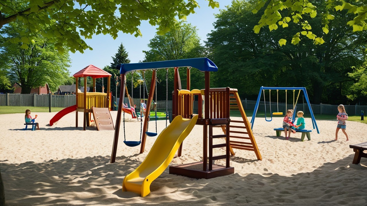 Colorful Playground with Play Structures and Children