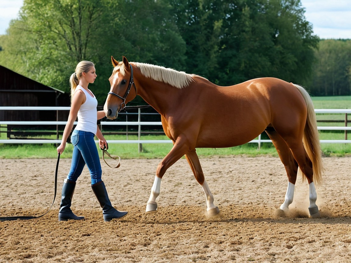 Blonde Woman Leading Chestnut Horse in Sand Ring