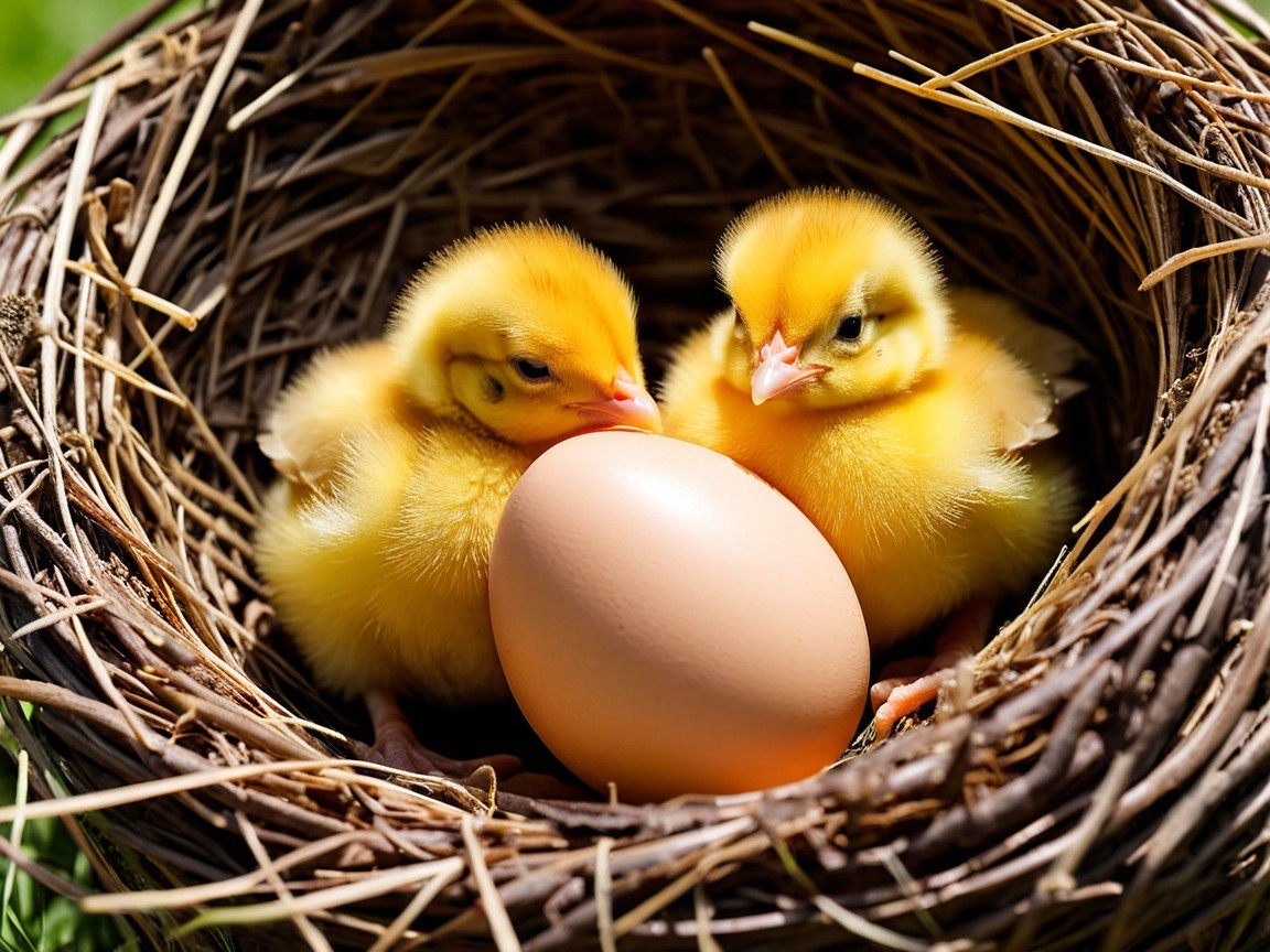 Fluffy Yellow Chicks Nestled in Brown Twig Nest