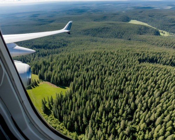 Aerial View of Evergreen Pine Forest from Airplane Window