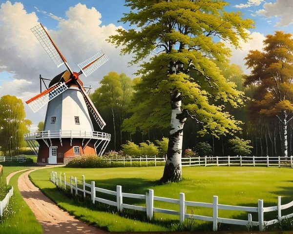 Painting of a Red and White Windmill in Scenic Landscape