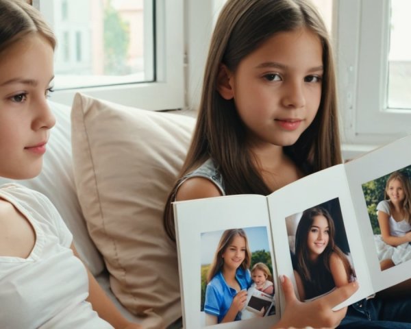 Young girls with photo album near window indoors