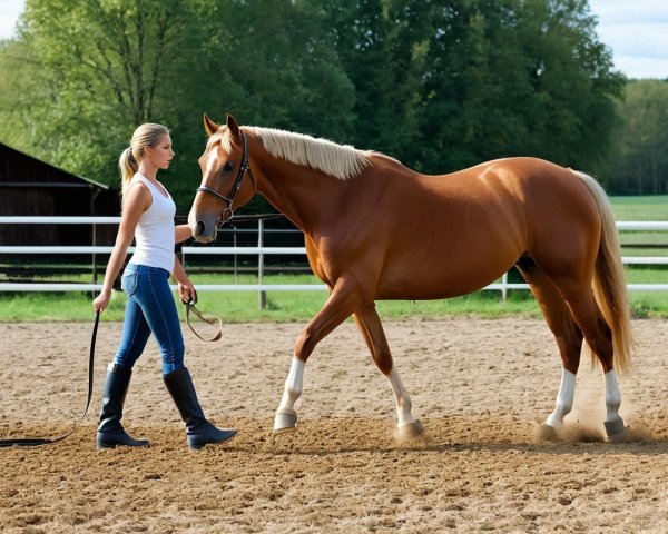 Blonde Woman Leading Chestnut Horse in Sand Ring