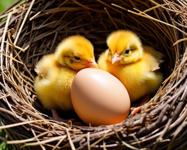 Fluffy Yellow Chicks Nestled in Brown Twig Nest