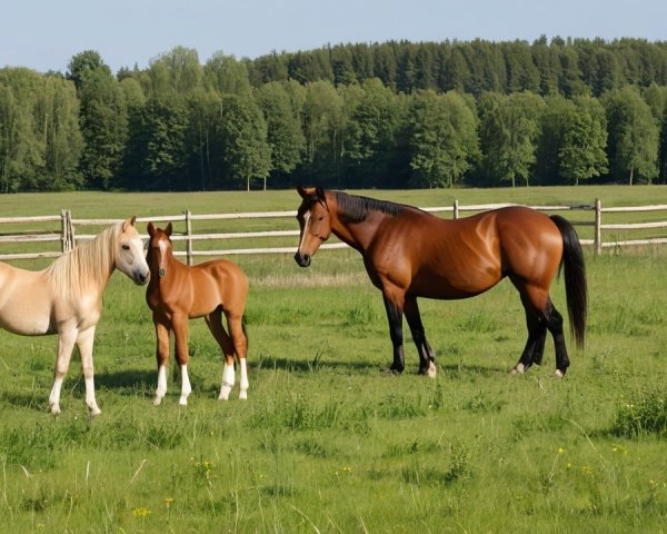 group of horses in a green pasture with trees and blue sky