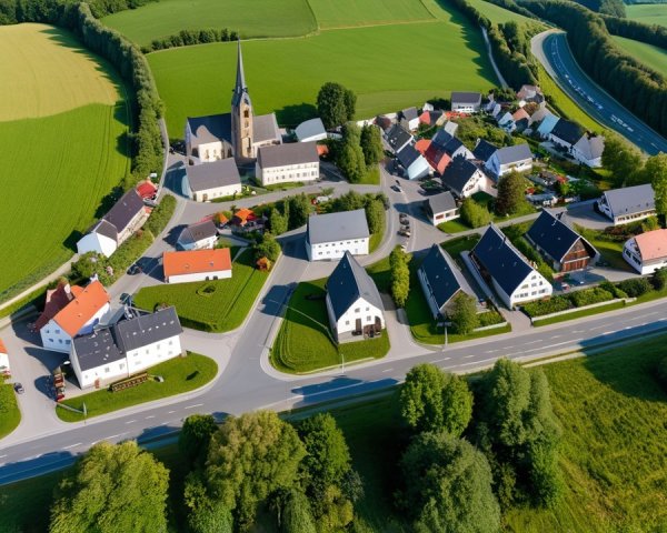 Aerial View of a Tranquil Town Surrounded by Fields