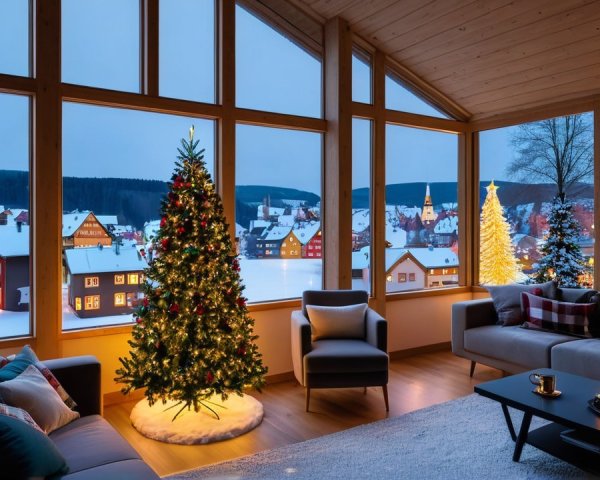Decorated Living Room with Bay Window and Christmas Tree