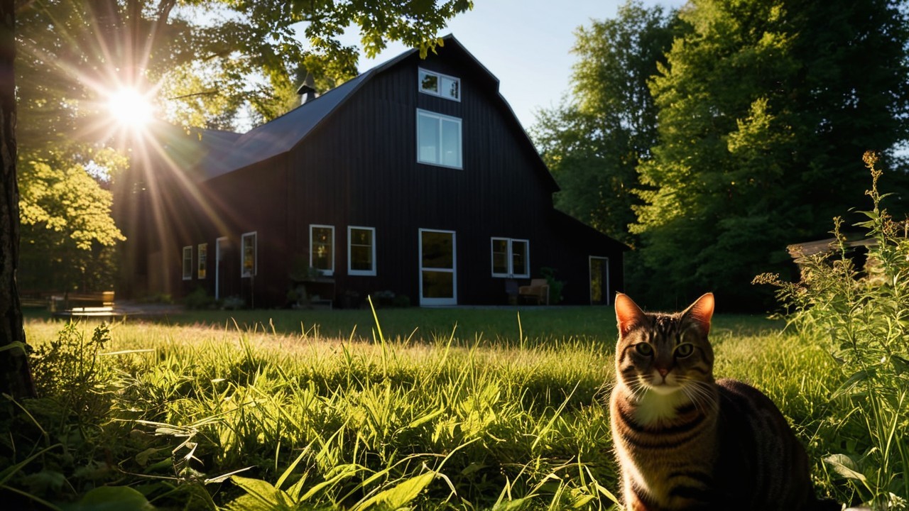 Black barn house with cat and lush green plants